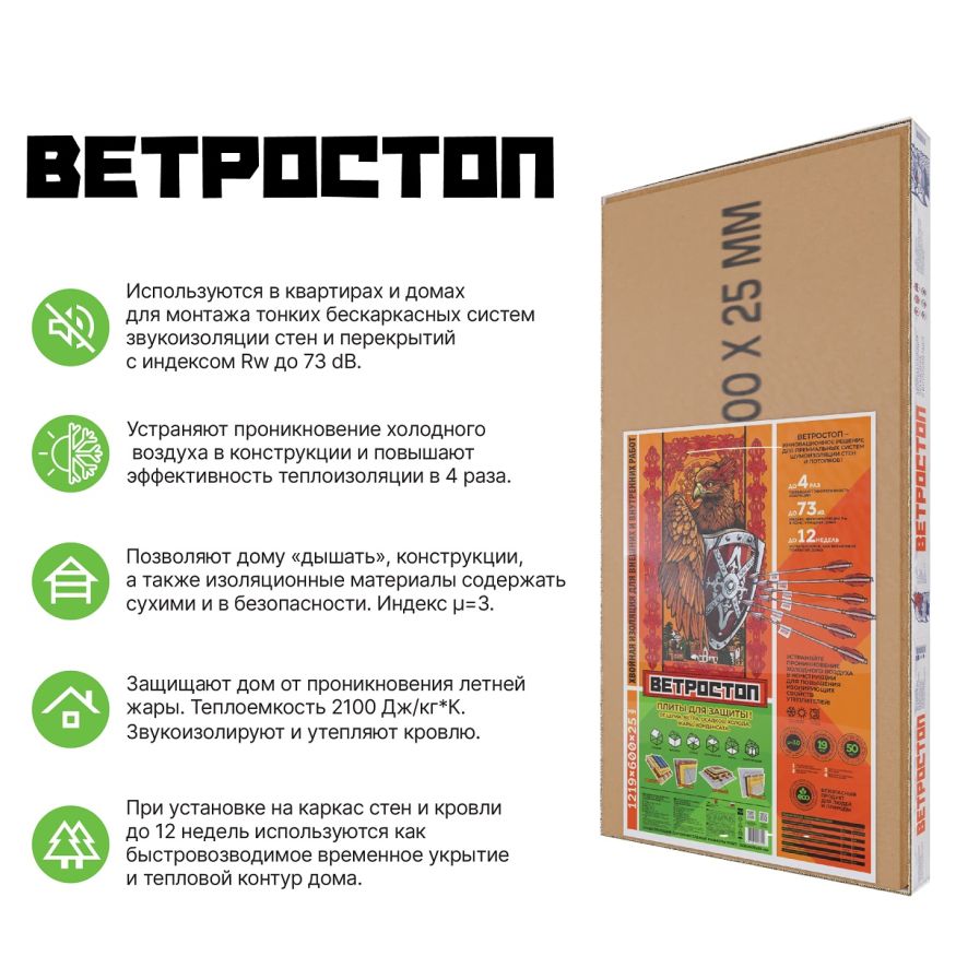 Ветрозащитная шумоизоляционная плита ВЕТРОСТОП 2500х600х20 мм с шип-пазом 19 мм купить в Новосибирске