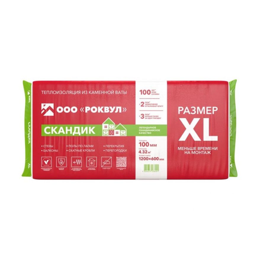 Утеплитель Роквул Скандик XL 100мм, 6 плит, 4.32м2, 600х1200мм, 0.432м3 Rockwool купить в Новосибирске