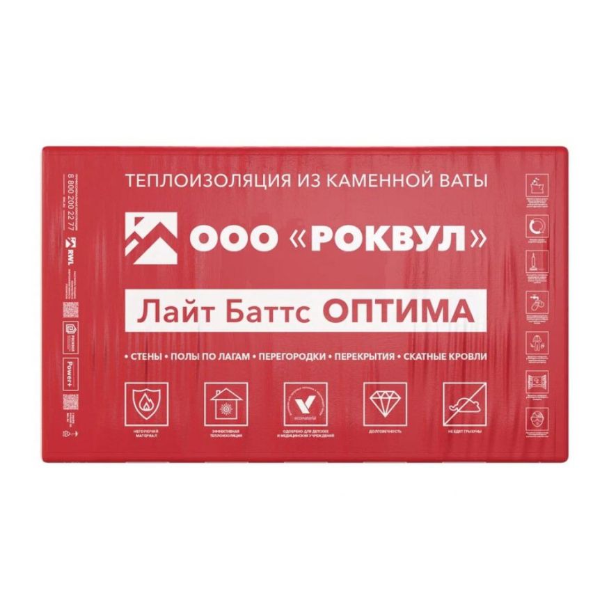 Утеплитель Роквул Лайт Баттс Оптима 100мм, 5 плит, 3м2, 600х1000мм, 0.3м3 Rockwool купить в Новосибирске